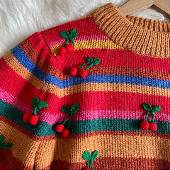 Farm Rio Colorful Stripe 3D Cherry Crochet Wool Blend Sweater NWT Small - Picture 10 of 16